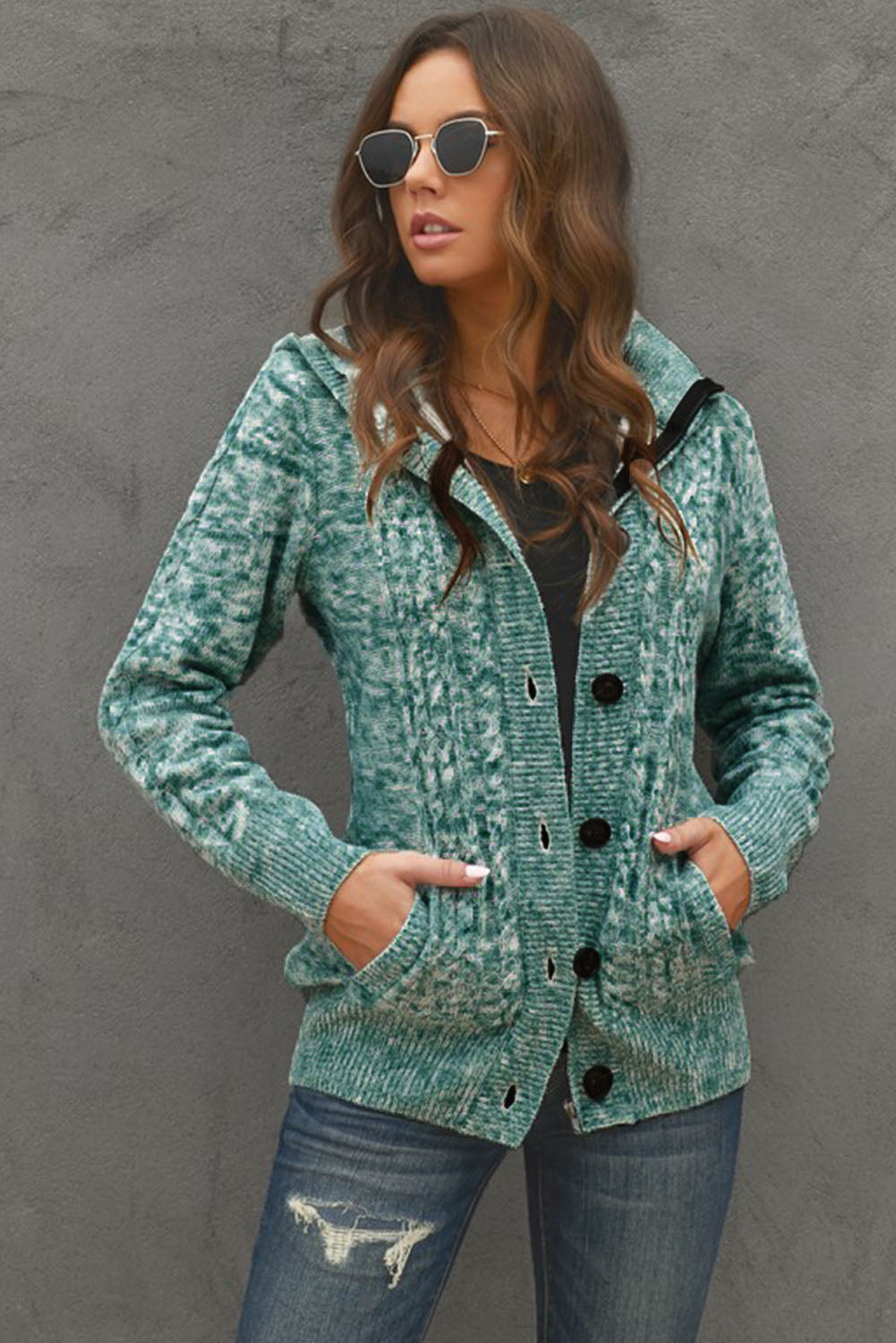 Cable-Knit Fleece Lining Button-Up Hooded Cardigan