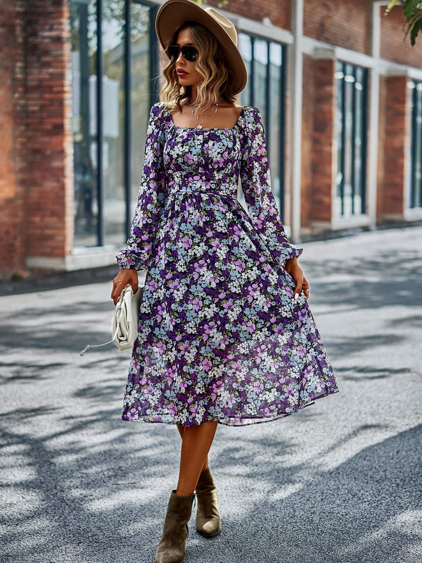 Floral Square Neck Smocked Balloon Sleeve Dress