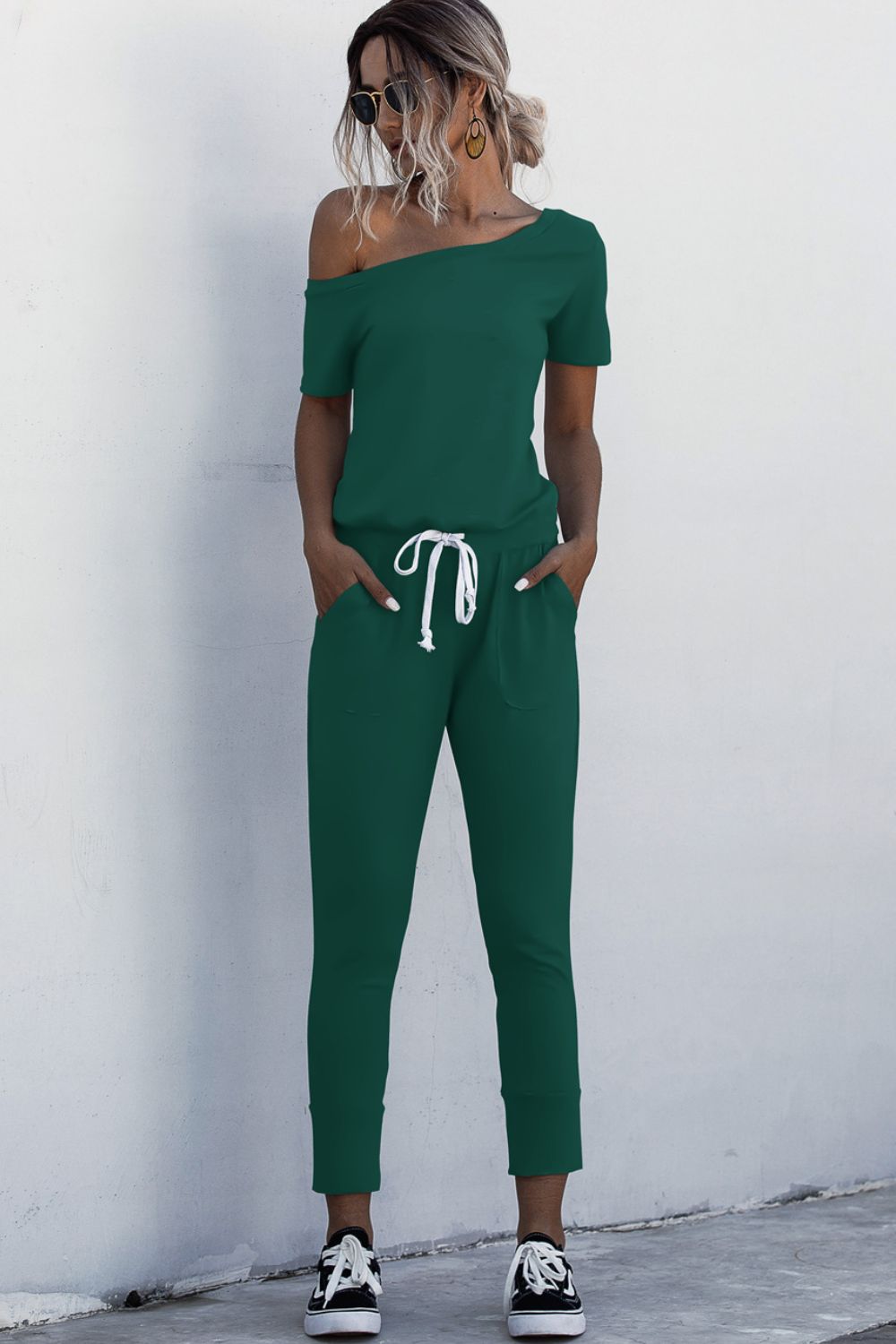 Asymmetrical Neck Tied Jumpsuit with Pockets