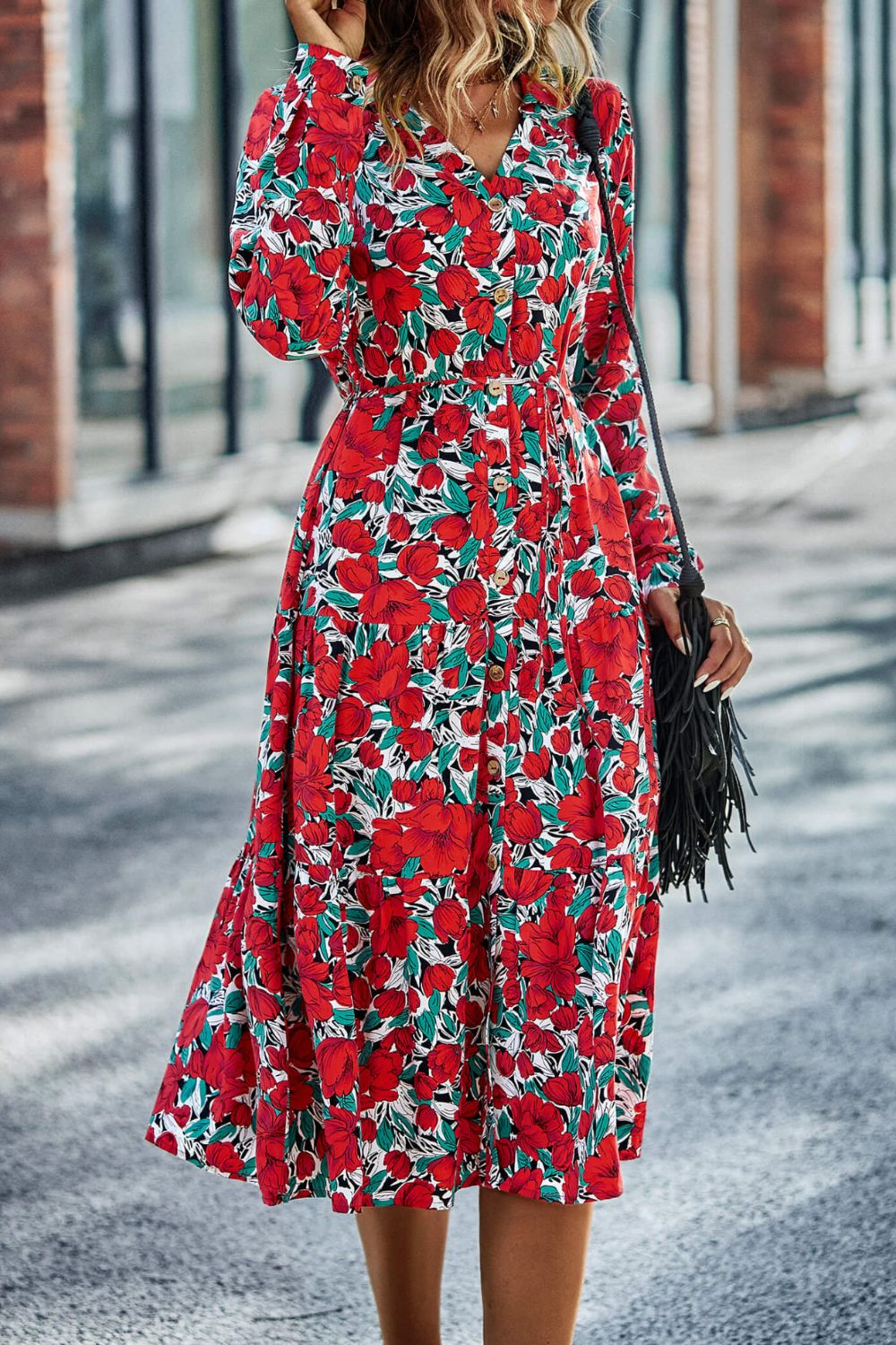 Printed Button Front Belted Tiered Shirt Dress