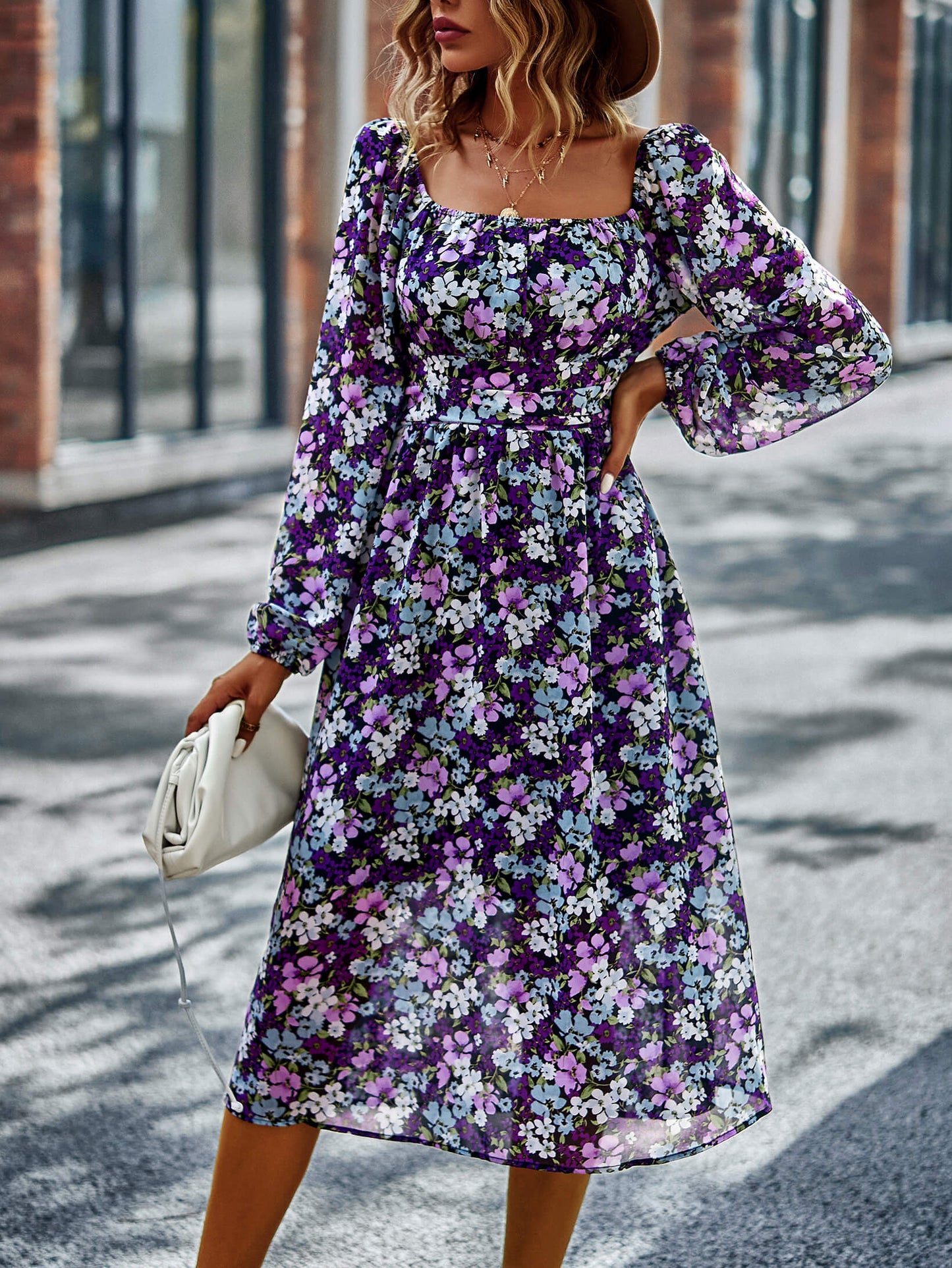 Floral Square Neck Smocked Balloon Sleeve Dress