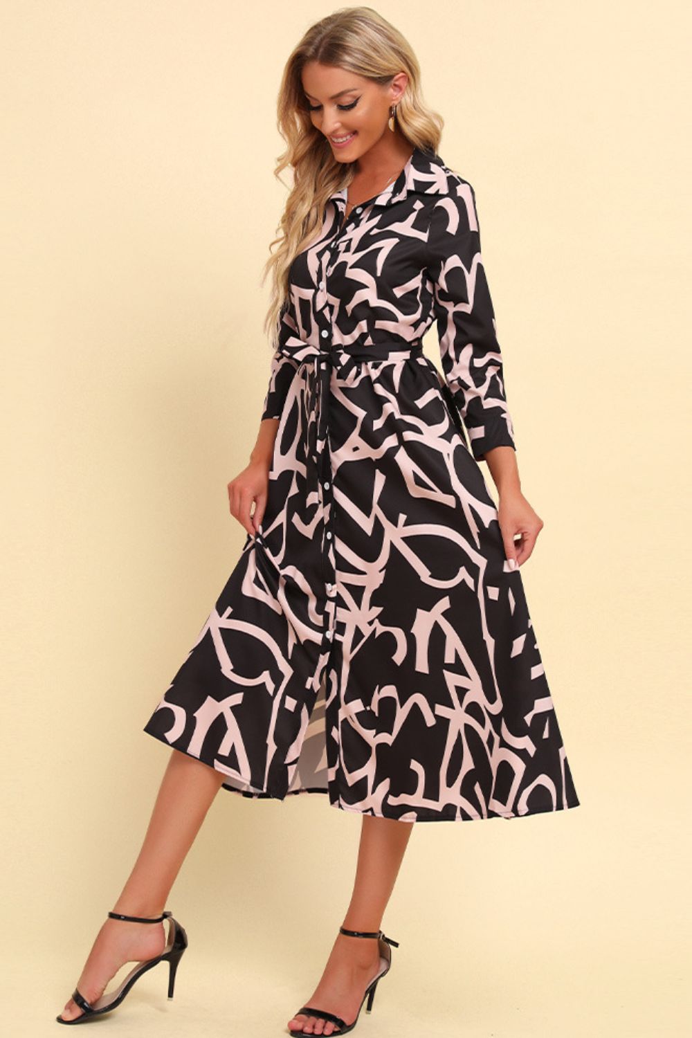 Printed Button Front Belted Midi Dress