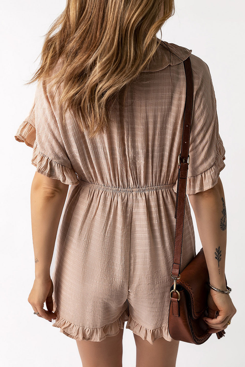 Striped Tie Detail Ruffled Romper with Pockets
